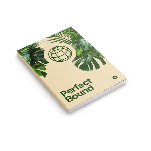 Perfect bound booklet with a beige cover featuring green tropical leaves and a globe icon, titled “Perfect Bound.”