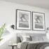 Two framed photo quality posters displayed above a modern bed in a stylish bedroom, featuring black and white images of a dancer in motion with the text