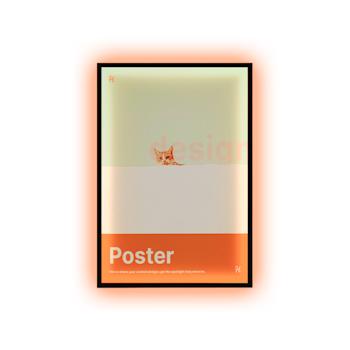 LED lightbox poster display with an orange frame featuring a minimalist cat-themed poster and the word
