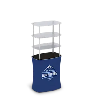 Two blue printed product displays