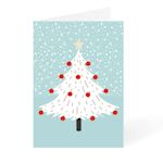 Blue Christmas card with decorated white Christmas tree design available at Helloprint