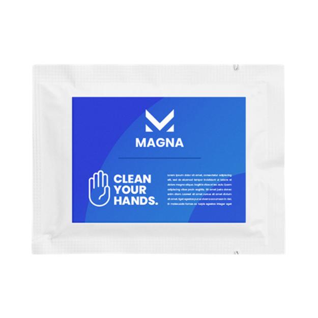 A printed hand sanitising wipes packaging with an orange full colour design.