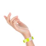 Yellow event wristband, ideal for festivals or parties. At Helloprint, personalise it with your own event logo or design.