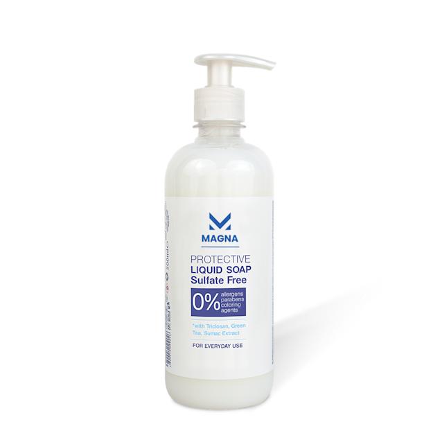 An image of a white plastic bottle of liquid soap with the tag saying sulfate free and 0% allergens, parabens, coloring agents.