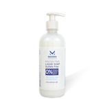 An image of a white plastic bottle of liquid soap with the tag saying sulfate free and 0% allergens, parabens, coloring agents.