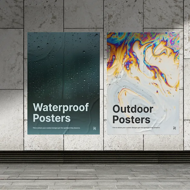 Waterproof and outdoor posters displayed side by side on a tiled wall, featuring raindrop texture and colorful abstract designs