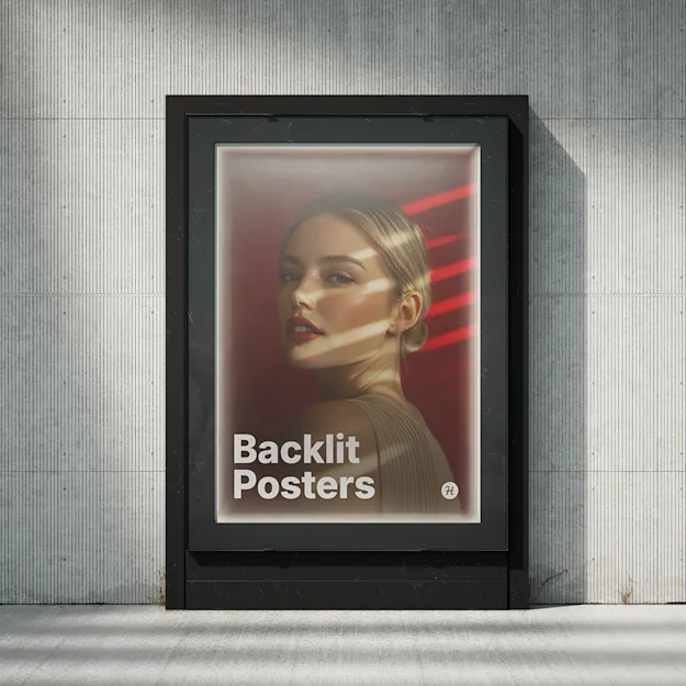 Backlit poster displayed in a black frame against a concrete wall, featuring a portrait of a woman with red lighting accents and the text