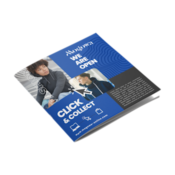Square saddle stitched booklet with a blue cover reading “We Are Open” and “Click & Collect,” featuring images of two people in casual clothing.
