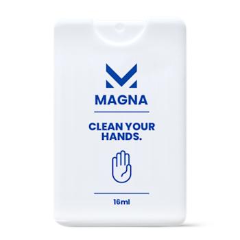 Image of a white rectangular sanitizing spray with a pink design