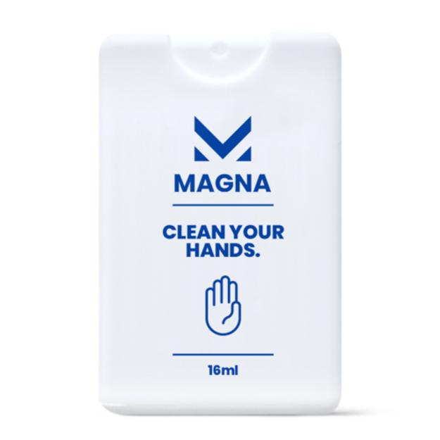 Image of a white rectangular sanitizing spray with a pink design