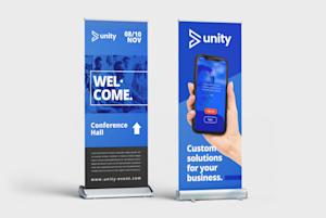 Two blue unity printed roller banners
