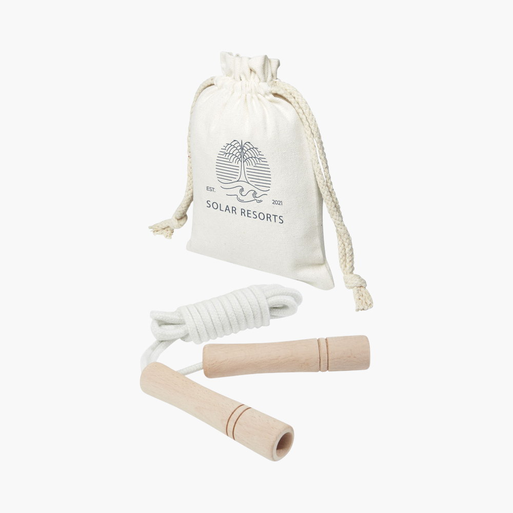 Springtouw van hout in katoenen zakje