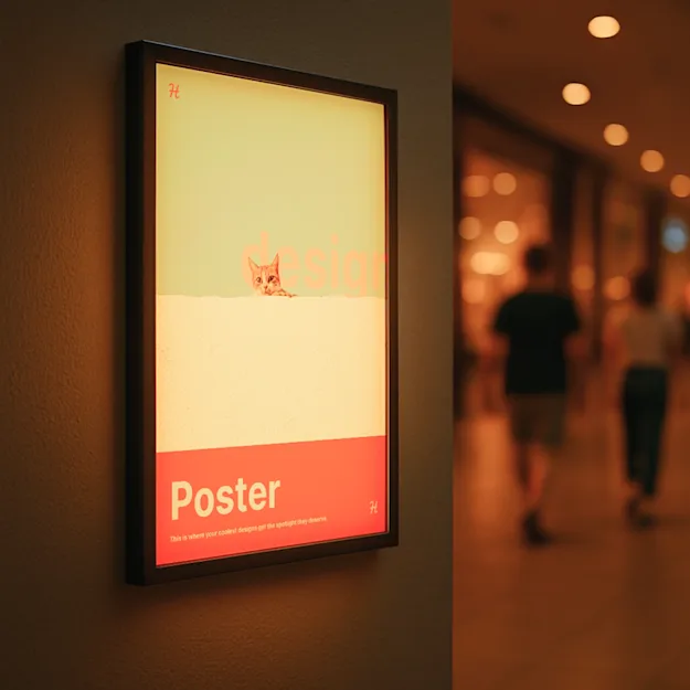 Backlit poster displayed in a hallway or shopping mall, featuring a minimalist design with a cat and the word 