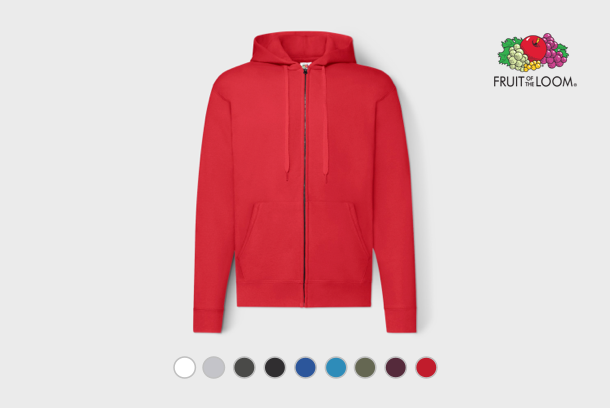 Image of a Fruit of the Loom zip-up hoodie. 