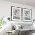 Two framed photo quality posters displayed above a modern bed in a stylish bedroom, featuring black and white images of a dancer in motion with the text 