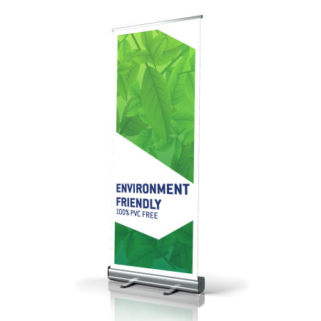 Hochwertige Roll-Up Banner von Helloprint, hergestellt aus recycelten Materialien. 