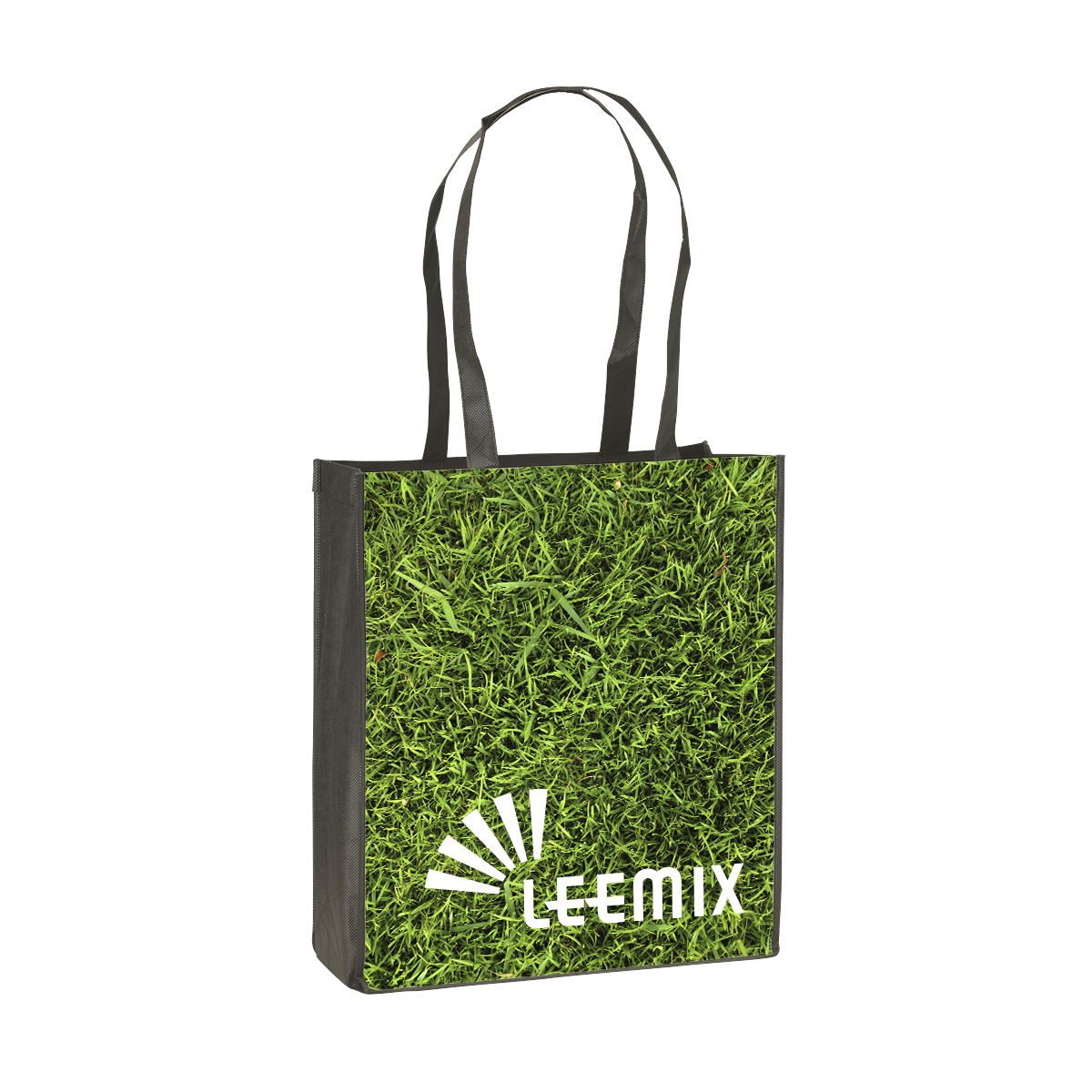 A shopping bag with a photo of green grass printed on the side, available at Helloprint for a cheap price