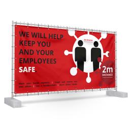 An anti-corona construction banner, designed to draw attention with it's vibrant red colour scheme and then properly inform all those who read it as to the regulations enforced to guarantee their health 