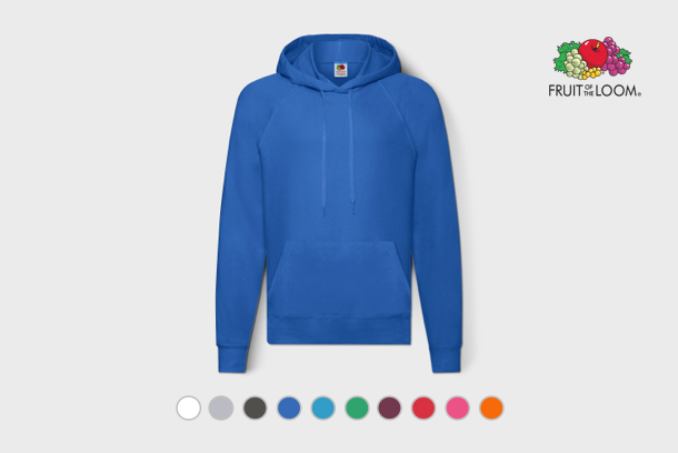 Image of a blue Fruit of the Loom hoodie with your logo. 