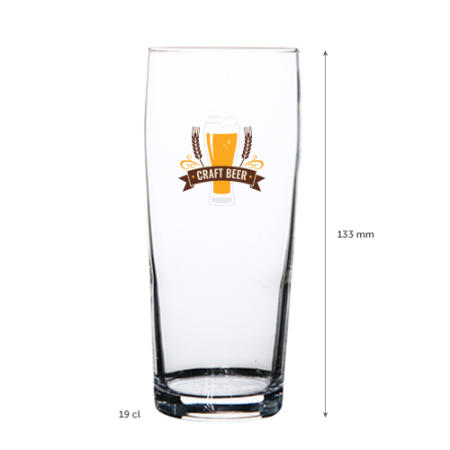 An example image of a 19 cl beer glass available at Helloprint with a custom logo or image printed on the side.