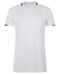 Weißes T-Shirt mit schwarzen Akzenten bei Helloprint erhältlich. Bedrucke es mit Deinem persönlichen Design.