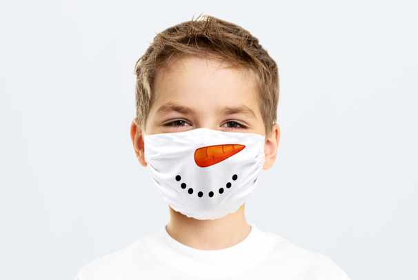 A kids' face masks printed with a snowman's mouth and carrot nose for a festive Christmas Helloprint