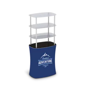 Two blue printed product displays