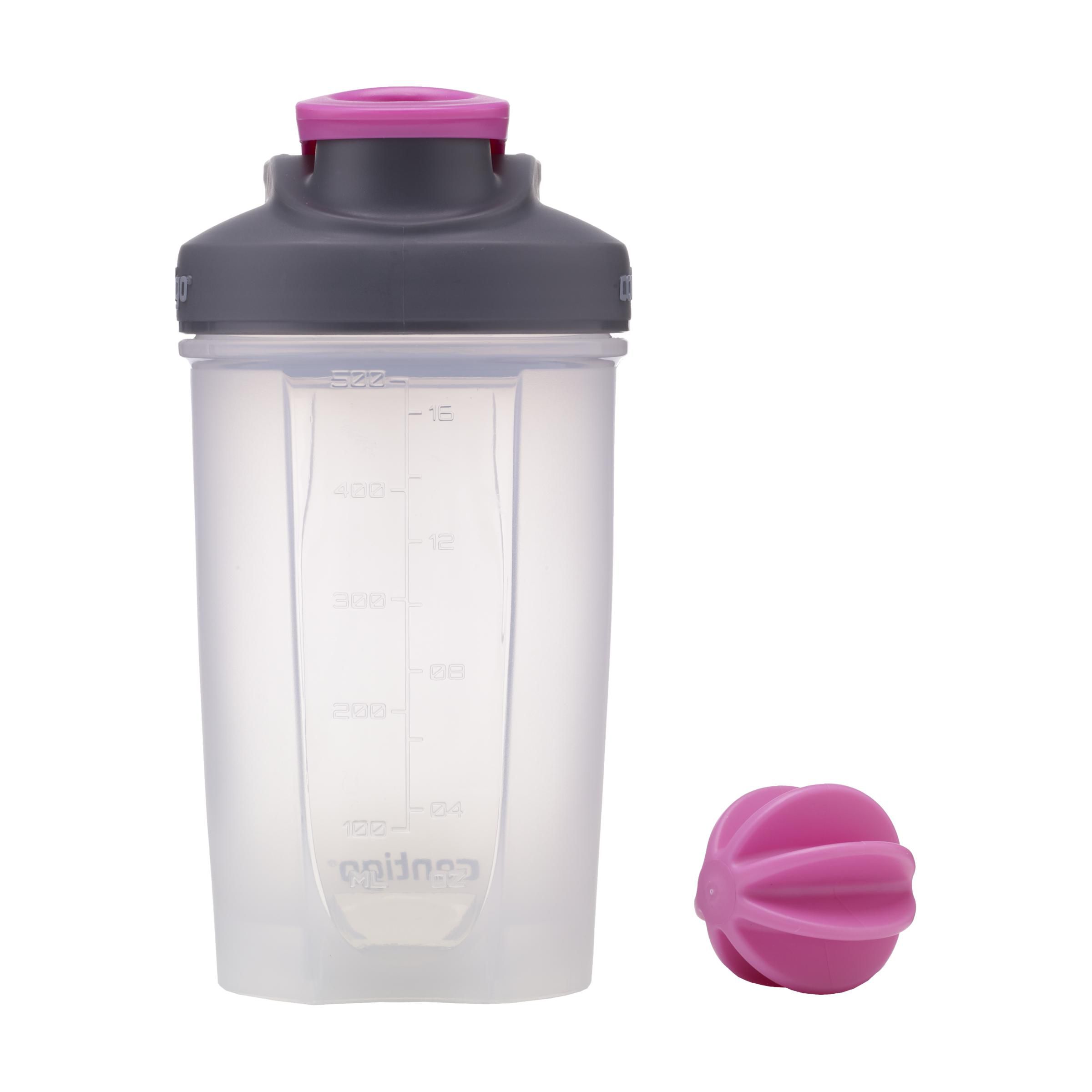A pink coloured Contigo shake and go shaker bottle available with a custom logo printed on the side at Helloprint