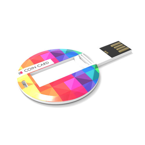 Een goedkope ronde USB kaart van hoge kwaliteit beschikbaar met eigen logo en afbeelding op Drukzo.