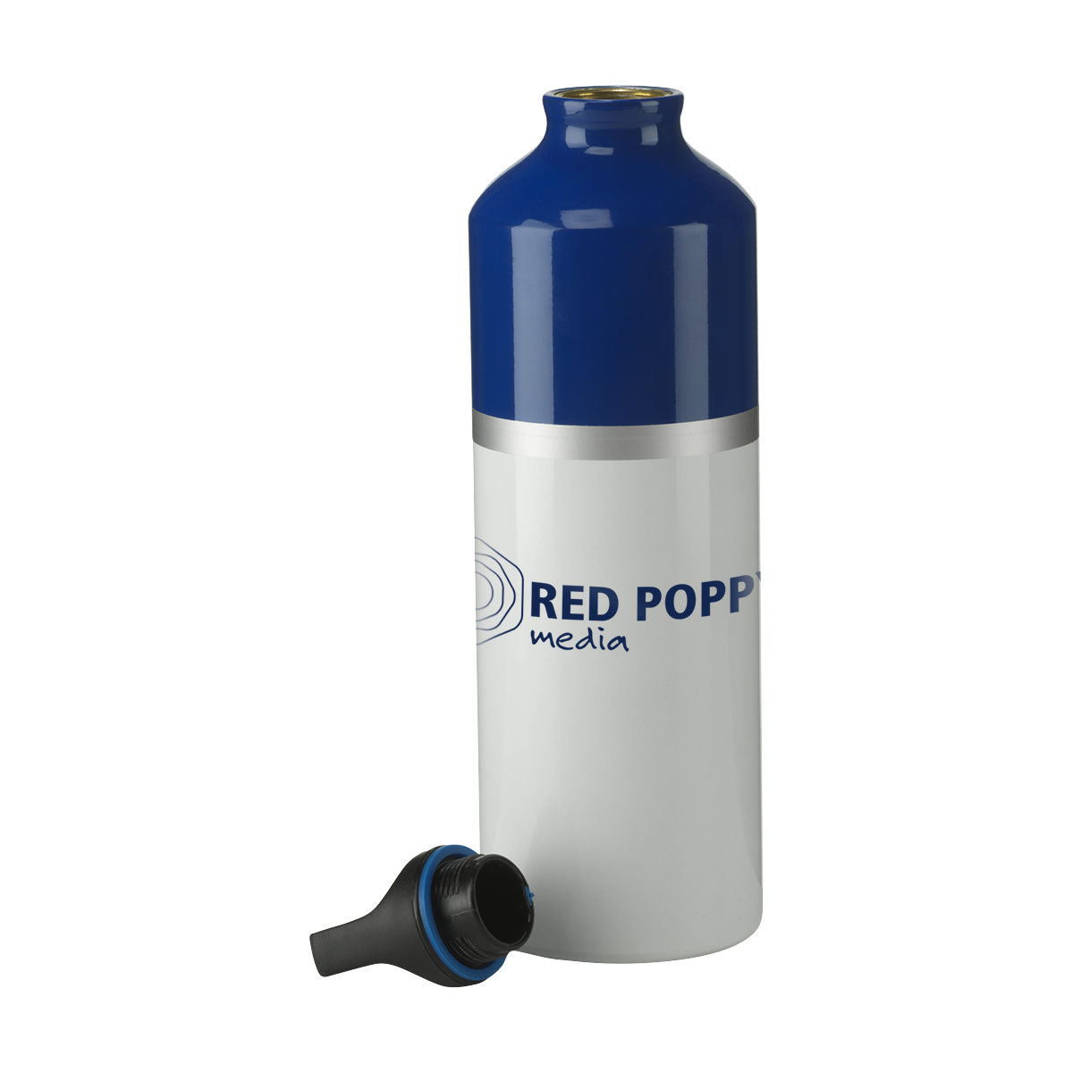 A white and blue coloured Silverline water bottle available with custom printing options for cheap prices at Helloprint