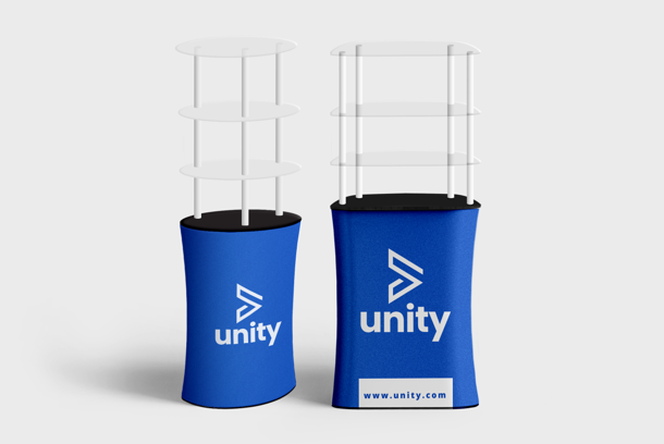 Two blue printed product displays