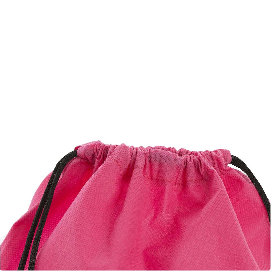 The top of a non woven pink drawstring bag available with custom printing options for a cheap price at Helloprint