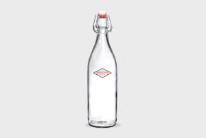 Een 1 liter glazen beugelfles goedkoop bedrukken met je bedrijfsnaam of logo bij Drukzo.