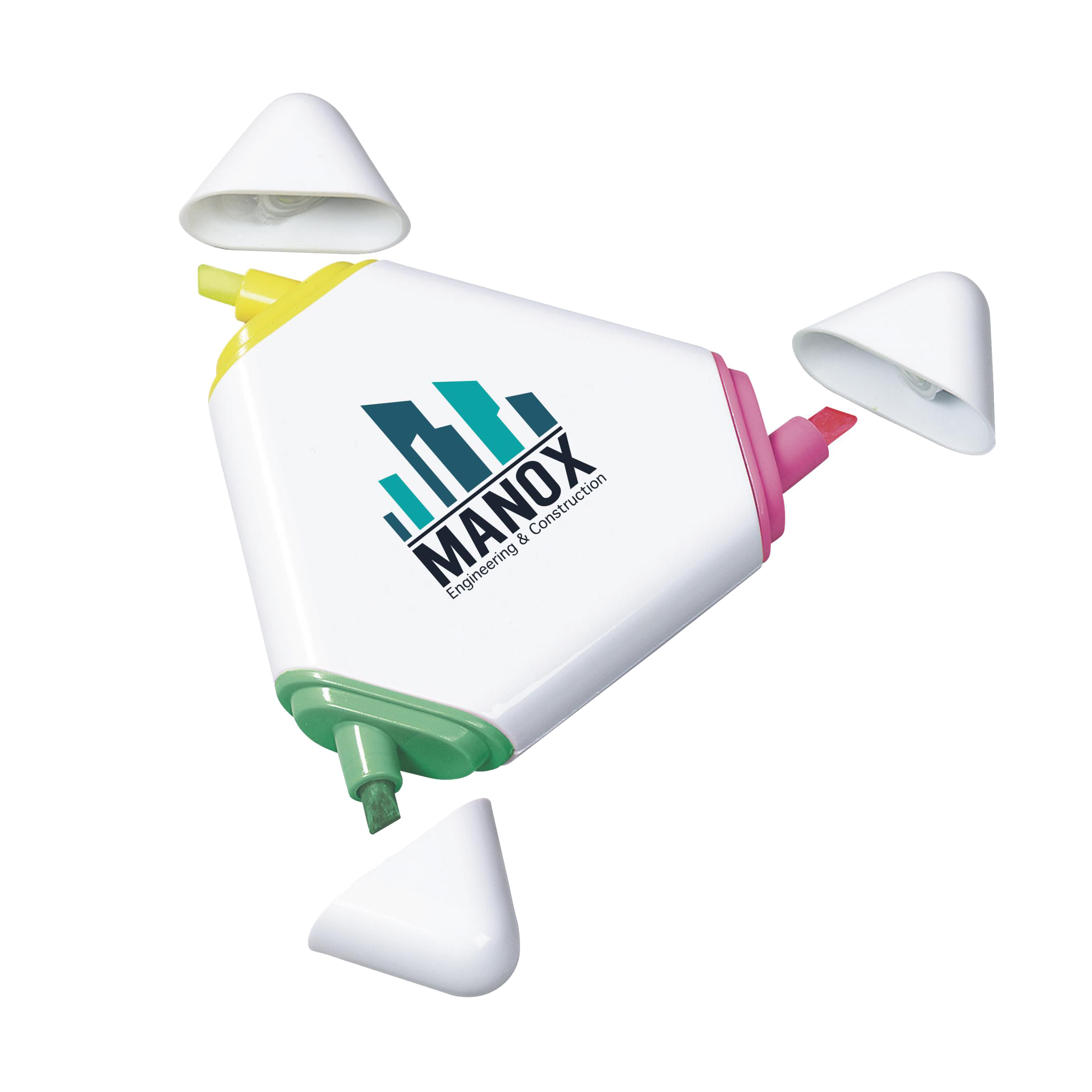 A white coloured trio highlighter pen with all caps off, available at Helloprint with custom printing options for cheap