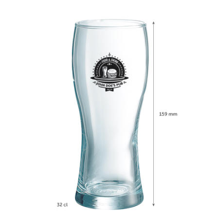 Un verre de bière de 32cl disponible chez Helloprint avec votre logo ou design personnalisé sur le côté.
