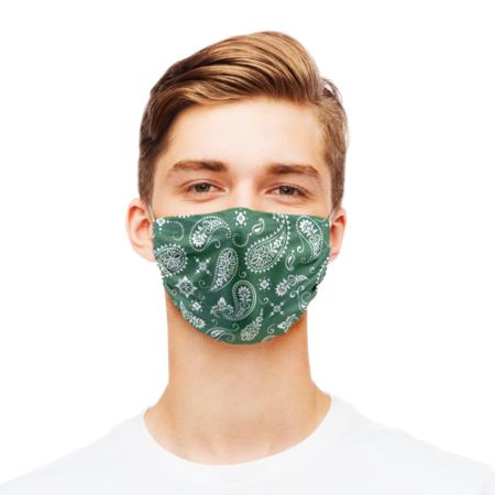 Face mask printed with a green and white paisley bandana design available at Helloprint