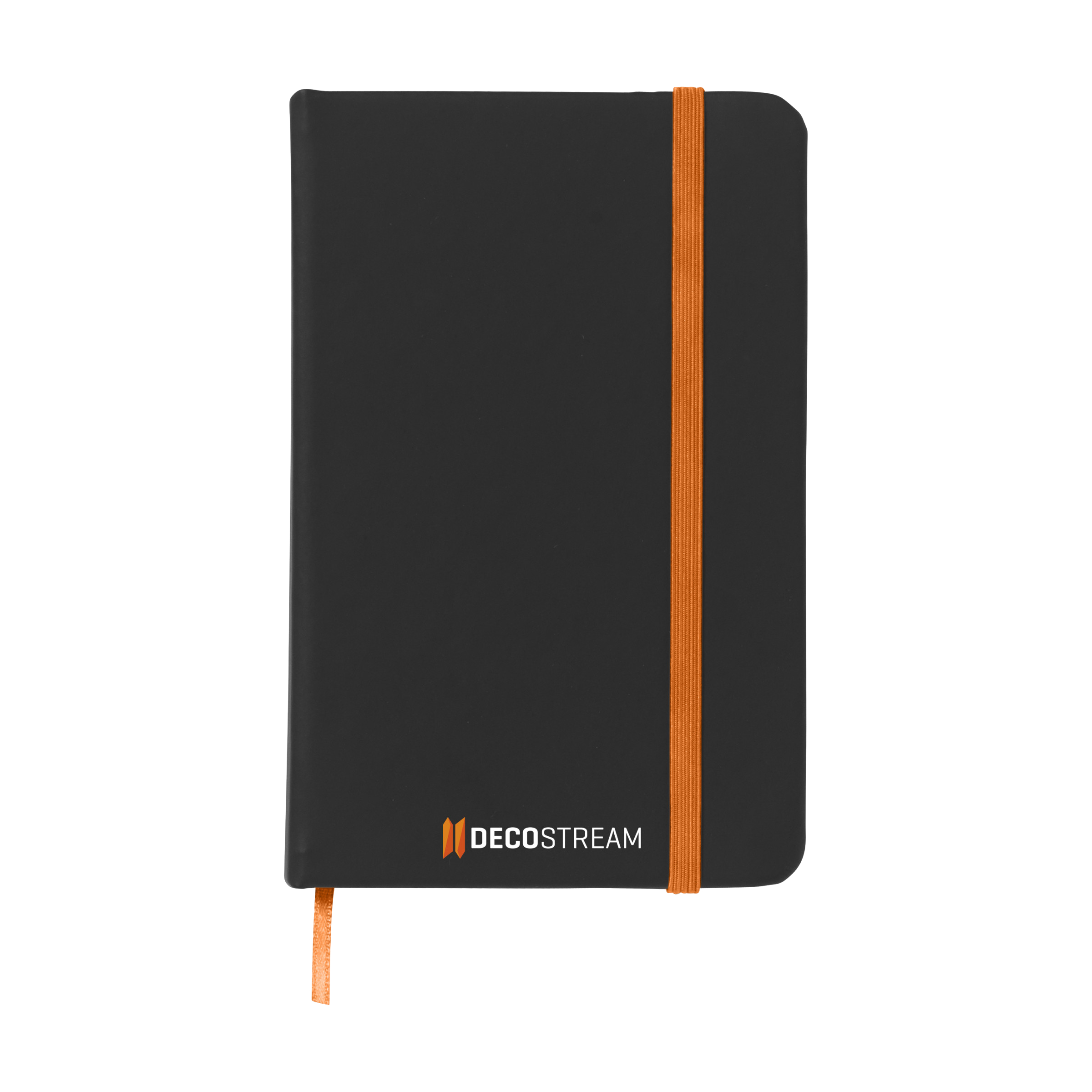 A black notebook with an orange strap available at Helloprint with custom printing options for a cheap price