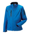 A product image of a blue soft shell sport jacket available to be printed at HelloprintConnect with a custom logo or image.