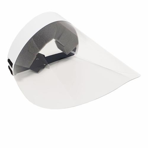 afbeelding van een gelaatsscherm van doorzichtig plastic met een zwarte hoofdband