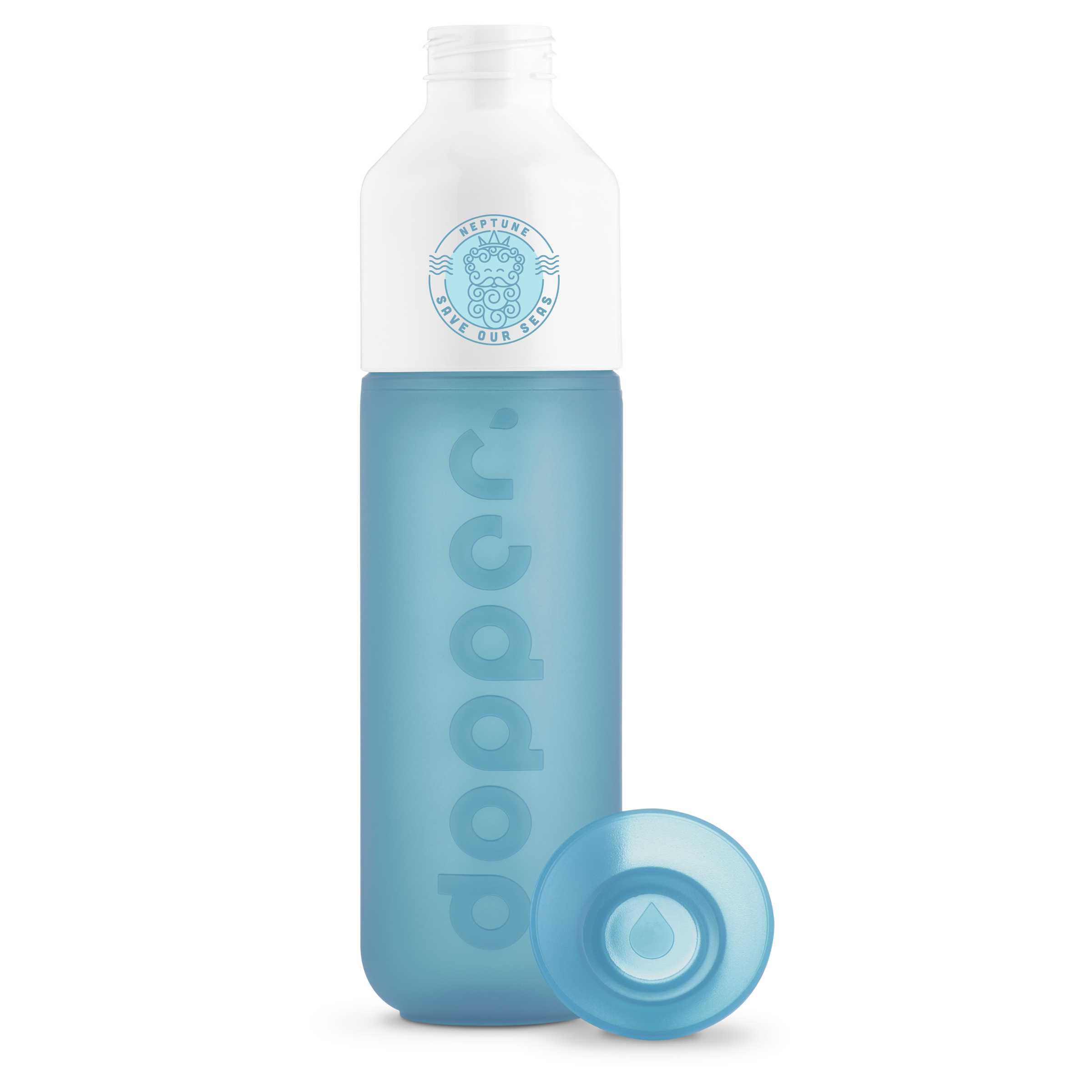 A blue Dopper water bottle available to be printed with a personalised logo and text at Helloprint.