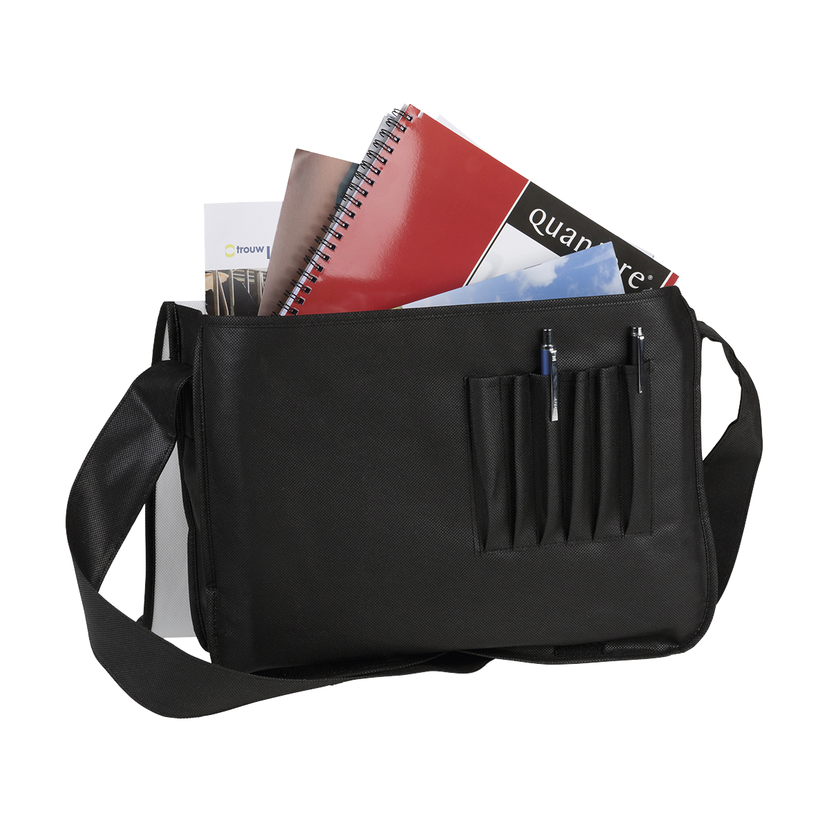 Cheap shoulder strap travel bag for books, laptop, paper, and stationary. You can personalise the bag with your logo or text. 