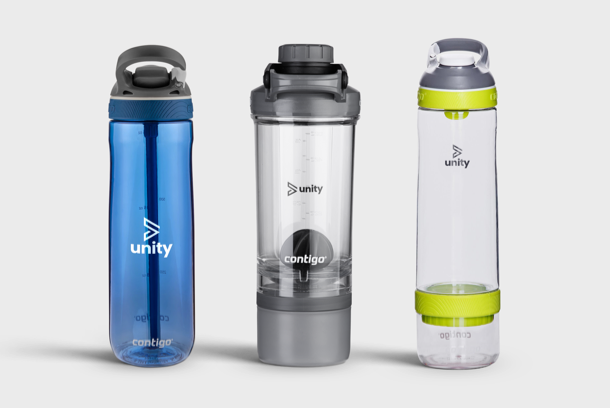 An assortment of sports bottles and shakers printed with your personalised design at Helloprint