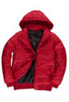 Diese rote gepolsterte Jacke mit Kapuze ist dick genug für den Winter und schimmert leicht wegen der Farbe. Bedruckt von Helloprint