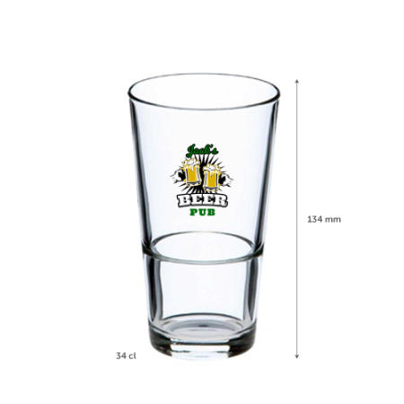 A 34 cl stackable beer glass available at Helloprint with custom printing solutions at a cheap price
