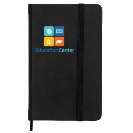 A black note pad available to be printed with a custom logo or image on the cover for a cheap price at Helloprint