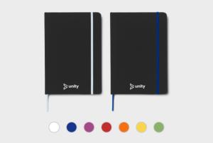 Zwart A5 notitieboekje, bedrukt met uw bedrijfslogo of gepersonaliseerd ontwerp bij Kwaliteitsdrukwerk.nl