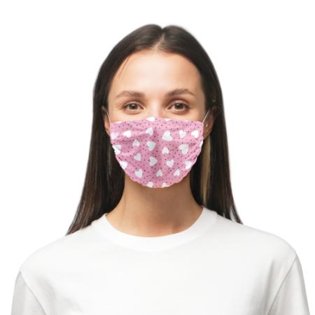 Face masks printed with a cute pink design with white hearts available online with Helloprint