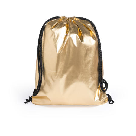 A shiny gold coloured drawstring bag available with a custom logo or image printed on the exterior at Helloprint