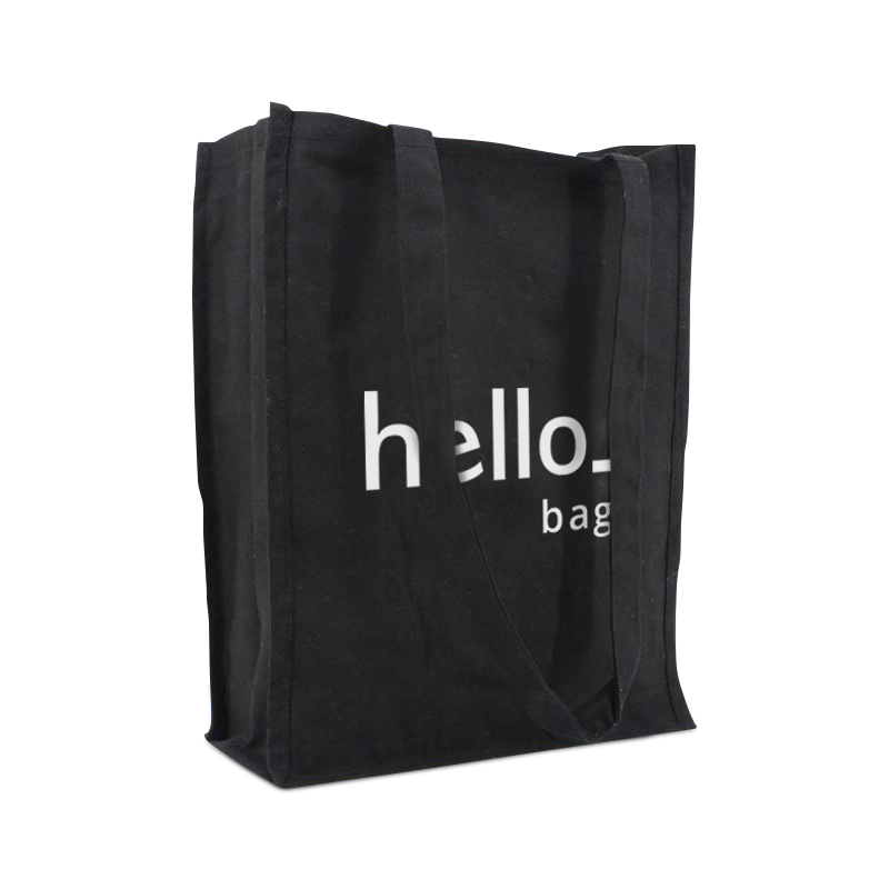 A product image of a black premium Canvas bag available to be printed with a custom logo or image on the side at Helloprint