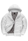 Die gepolsterte Jacke mit Kapuze von Helloprint mit weißer Außenseite und grauer Innenseite. 
